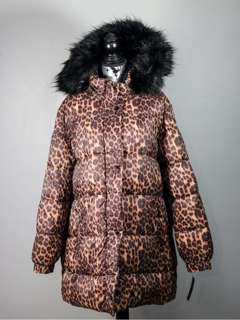NWT Rachel Roy Leopard Print Puffer Coat with Faux Fur Hood - Brown